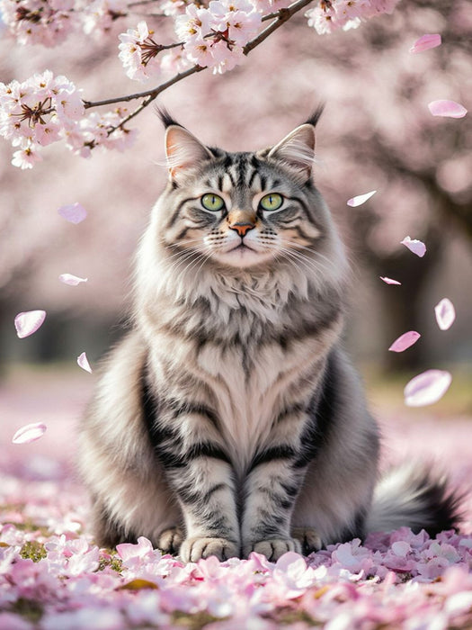 Eine Maine Coon Katze sitzt zwischen Kirschblüten und strahlt Ruhe und Anmut im Frühling aus. - CALVENDO Foto-Puzzle'