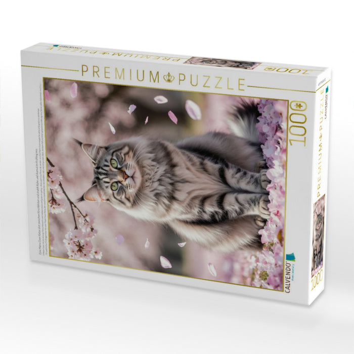 Eine Maine Coon Katze sitzt zwischen Kirschblüten und strahlt Ruhe und Anmut im Frühling aus. - CALVENDO Foto-Puzzle'