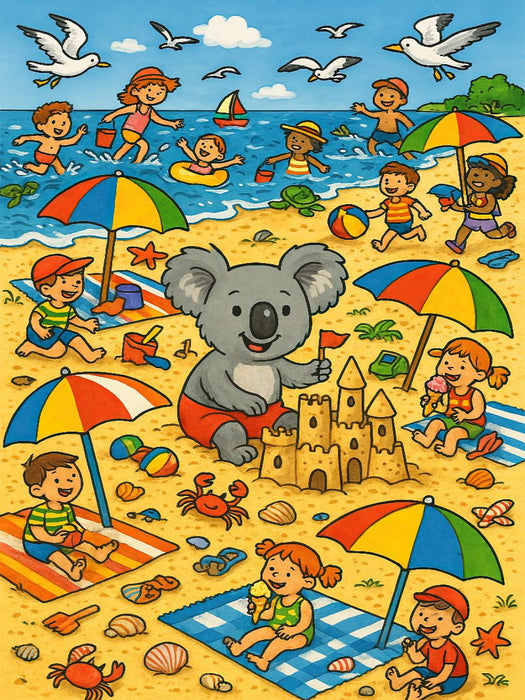 Koala im Sommer, Sonne, Strand und Sandburgen - CALVENDO Foto-Puzzle'