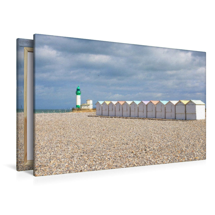 Premium Textil-Leinwand Leuchtturm und Badehäuschen von Le Tréport am Nordzipfel der Normandie