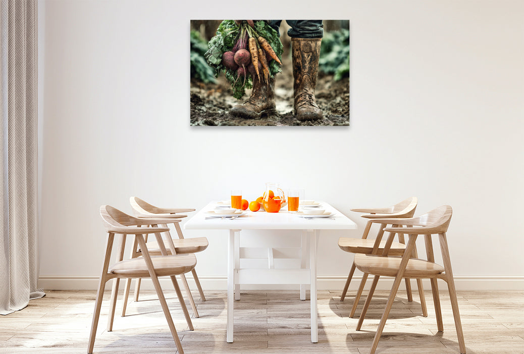 Premium Textil-Leinwand Bauer - Hände in der Erde, Hoffnung in der Ernte