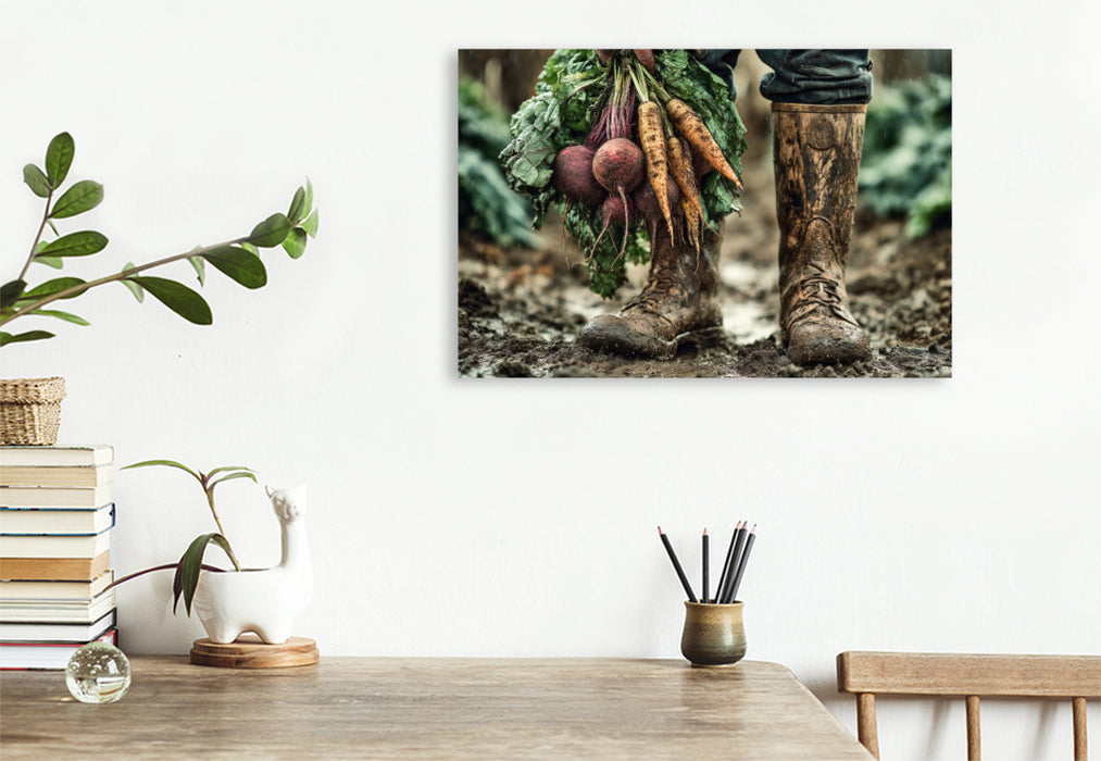 Premium Textil-Leinwand Bauer - Hände in der Erde, Hoffnung in der Ernte