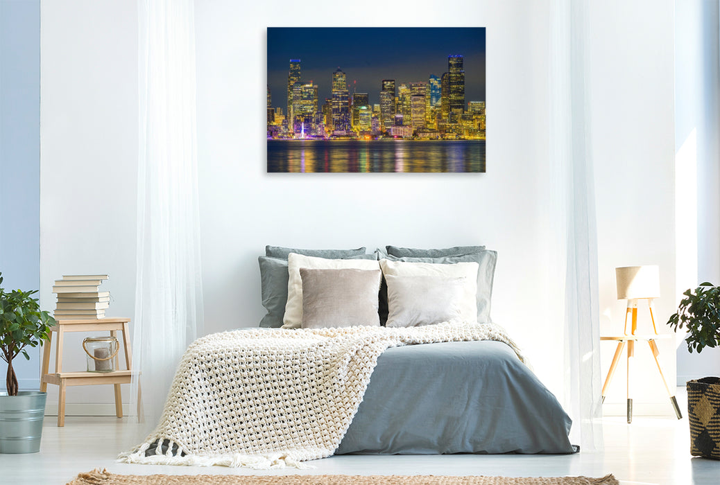 Premium Textil-Leinwand Skyline von Seattle bei Nacht