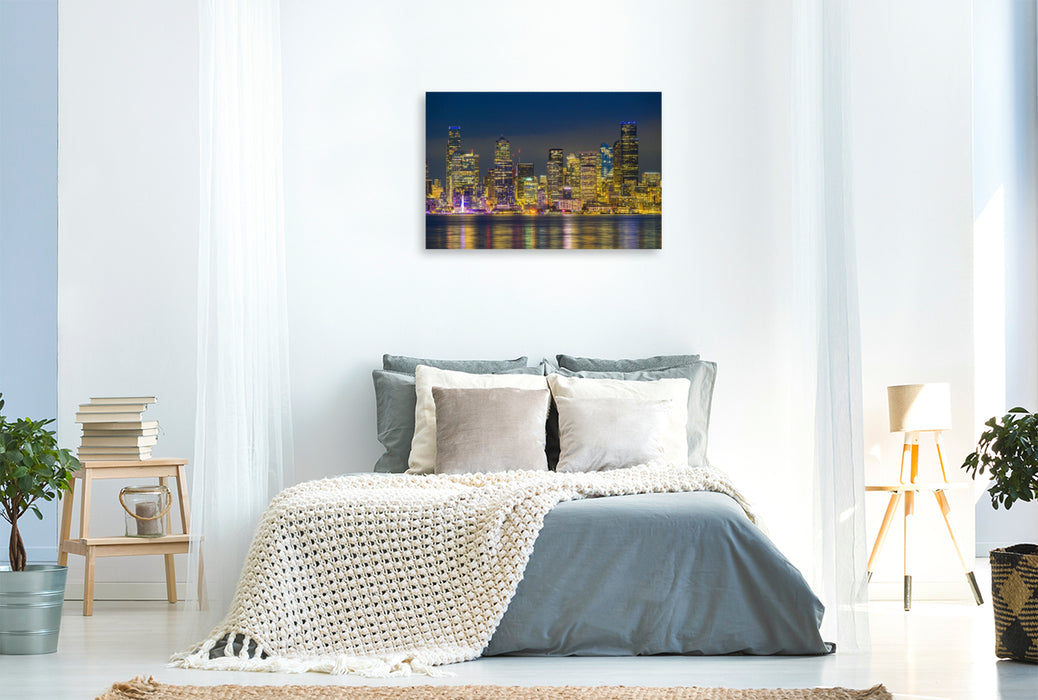 Premium Textil-Leinwand Skyline von Seattle bei Nacht