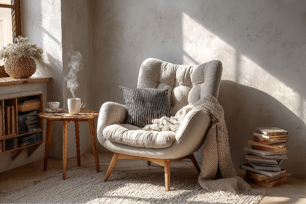 Premium Textil-Leinwand Ein gemütlicher Sessel im skandinavischen Stil steht im warmen Sonnenlicht und lädt zum Entspannen und Wohlfühlen ein.