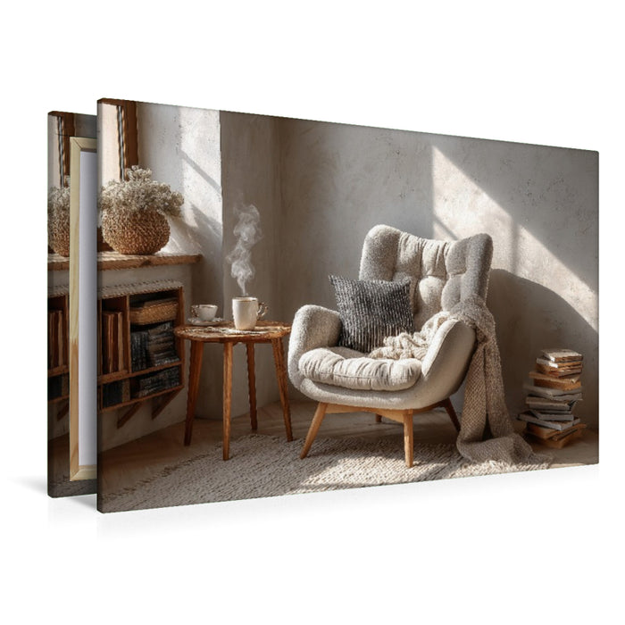 Premium Textil-Leinwand Ein gemütlicher Sessel im skandinavischen Stil steht im warmen Sonnenlicht und lädt zum Entspannen und Wohlfühlen ein.