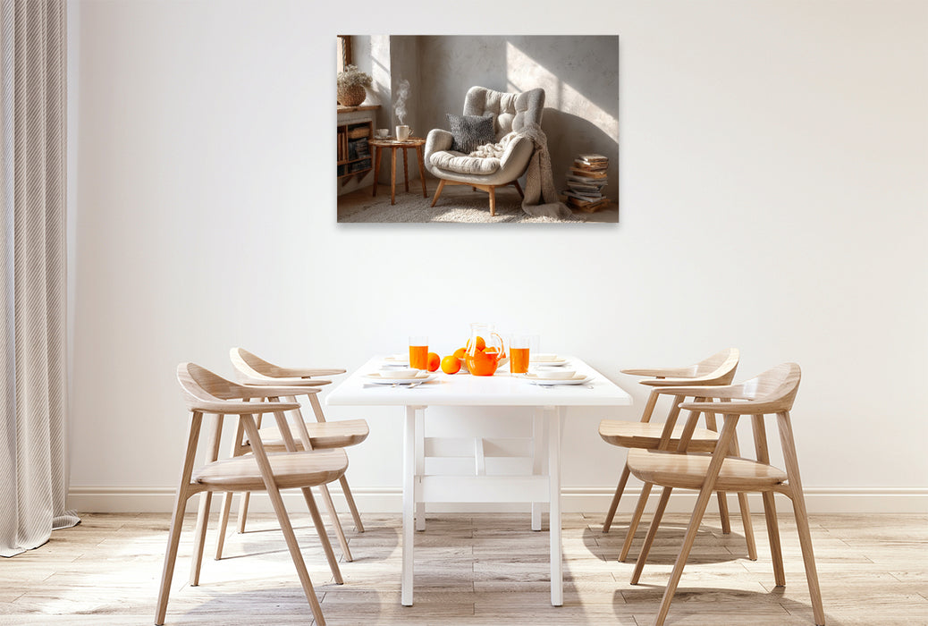 Premium Textil-Leinwand Ein gemütlicher Sessel im skandinavischen Stil steht im warmen Sonnenlicht und lädt zum Entspannen und Wohlfühlen ein.