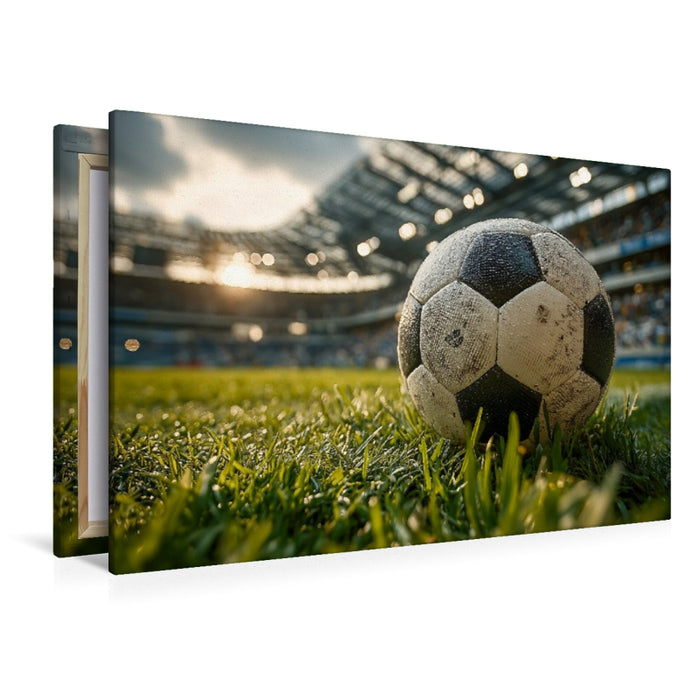 Premium Textil-Leinwand Ein Fußball liegt auf dem grünen Rasen eines vollen Stadions und kündigt den Beginn eines spannenden Spiels an.