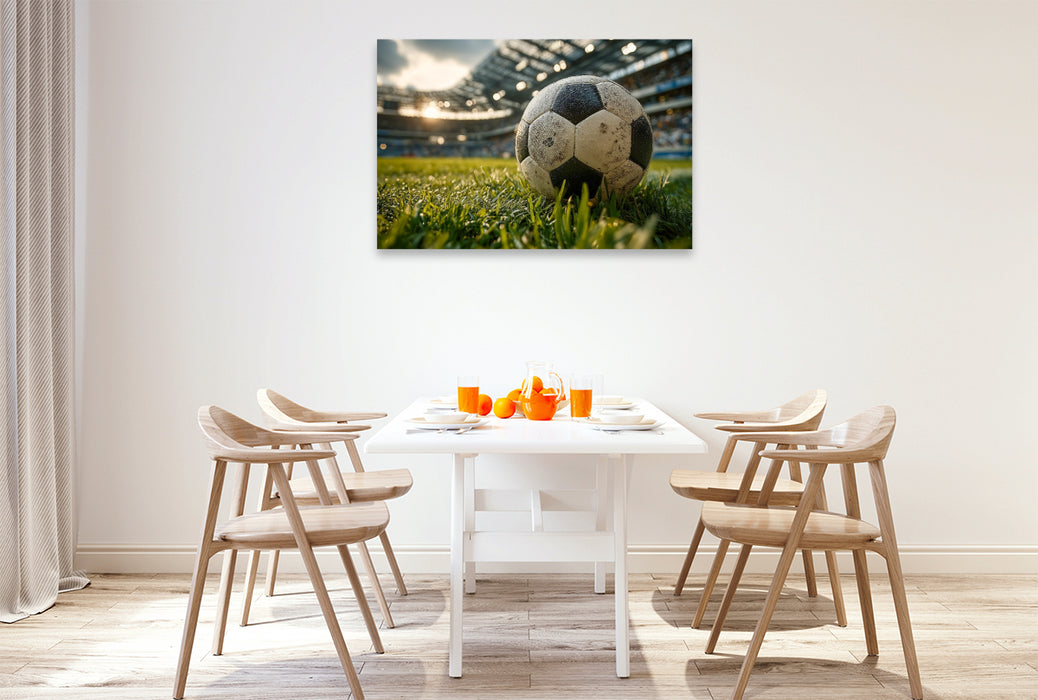 Premium Textil-Leinwand Ein Fußball liegt auf dem grünen Rasen eines vollen Stadions und kündigt den Beginn eines spannenden Spiels an.