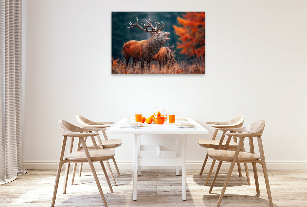 Premium Textil-Leinwand Ein mächtiger Hirsch ruft während der Brunft im herbstlichen Wald und zeigt seine ganze Stärke und Präsenz.
