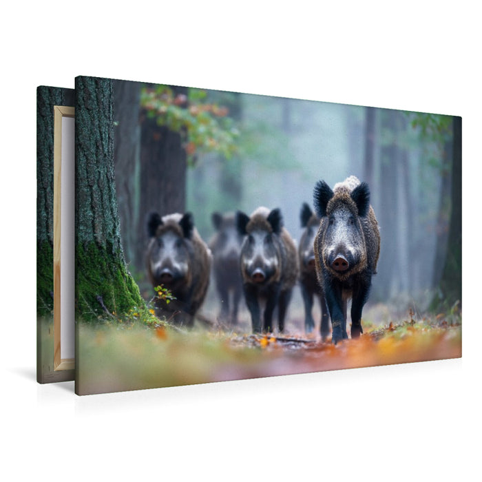 Premium Textil-Leinwand Eine Rotte Wildschweine zieht durch den nebligen Wald und erscheint geheimnisvoll im diffusen Morgenlicht.