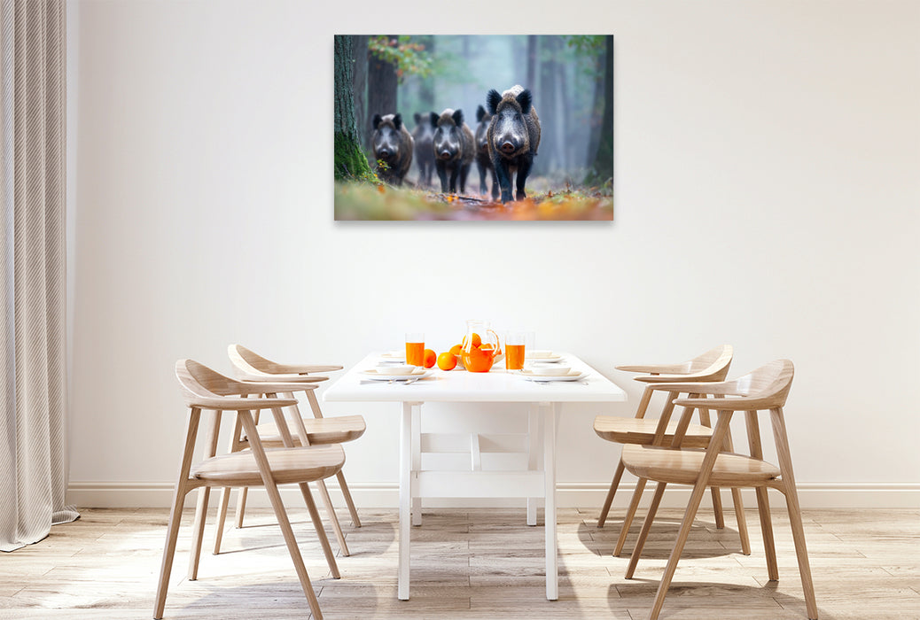 Premium Textil-Leinwand Eine Rotte Wildschweine zieht durch den nebligen Wald und erscheint geheimnisvoll im diffusen Morgenlicht.