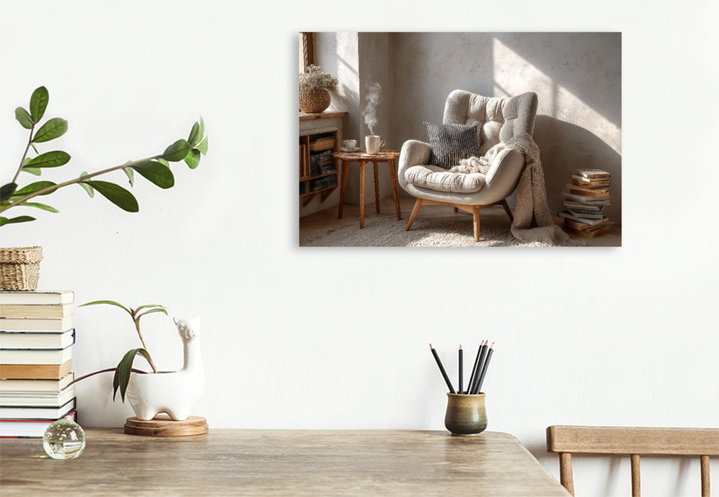 Premium Textil-Leinwand Ein gemütlicher Sessel im skandinavischen Stil steht im warmen Sonnenlicht und lädt zum Entspannen und Wohlfühlen ein.
