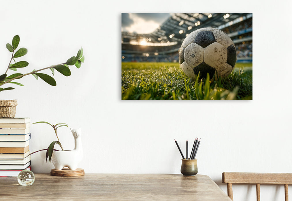 Premium Textil-Leinwand Ein Fußball liegt auf dem grünen Rasen eines vollen Stadions und kündigt den Beginn eines spannenden Spiels an.