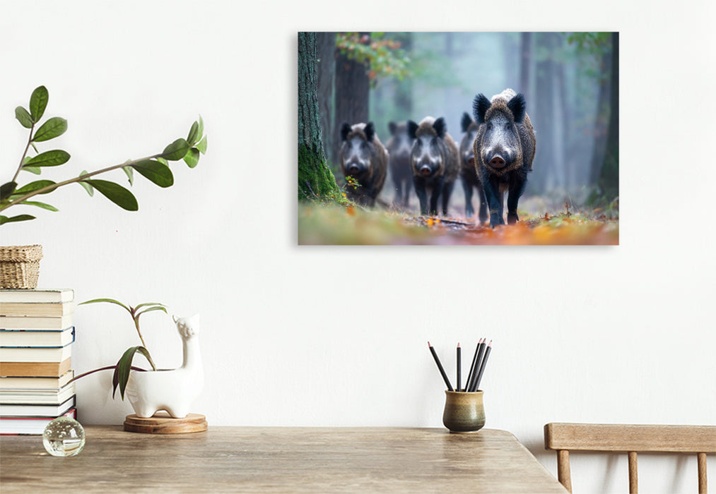 Premium Textil-Leinwand Eine Rotte Wildschweine zieht durch den nebligen Wald und erscheint geheimnisvoll im diffusen Morgenlicht.