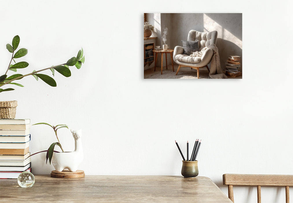 Premium Textil-Leinwand Ein gemütlicher Sessel im skandinavischen Stil steht im warmen Sonnenlicht und lädt zum Entspannen und Wohlfühlen ein.