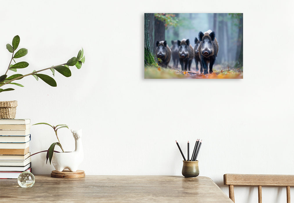 Premium Textil-Leinwand Eine Rotte Wildschweine zieht durch den nebligen Wald und erscheint geheimnisvoll im diffusen Morgenlicht.