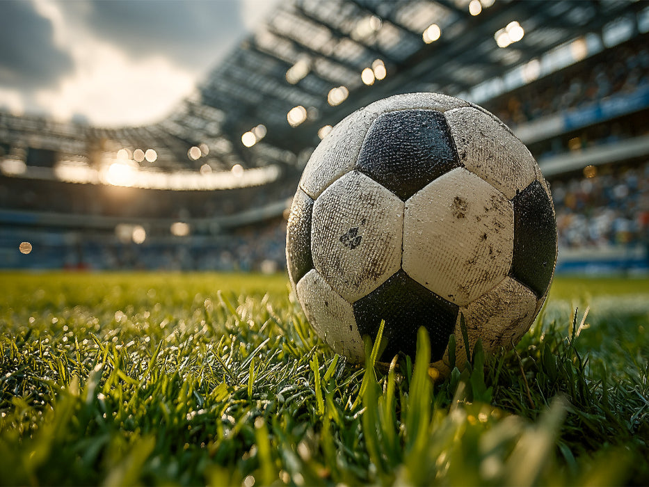 Ein Fußball liegt auf dem grünen Rasen eines vollen Stadions und kündigt den Beginn eines spannenden Spiels an. - CALVENDO Foto-Puzzle'