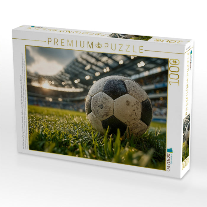 Ein Fußball liegt auf dem grünen Rasen eines vollen Stadions und kündigt den Beginn eines spannenden Spiels an. - CALVENDO Foto-Puzzle'