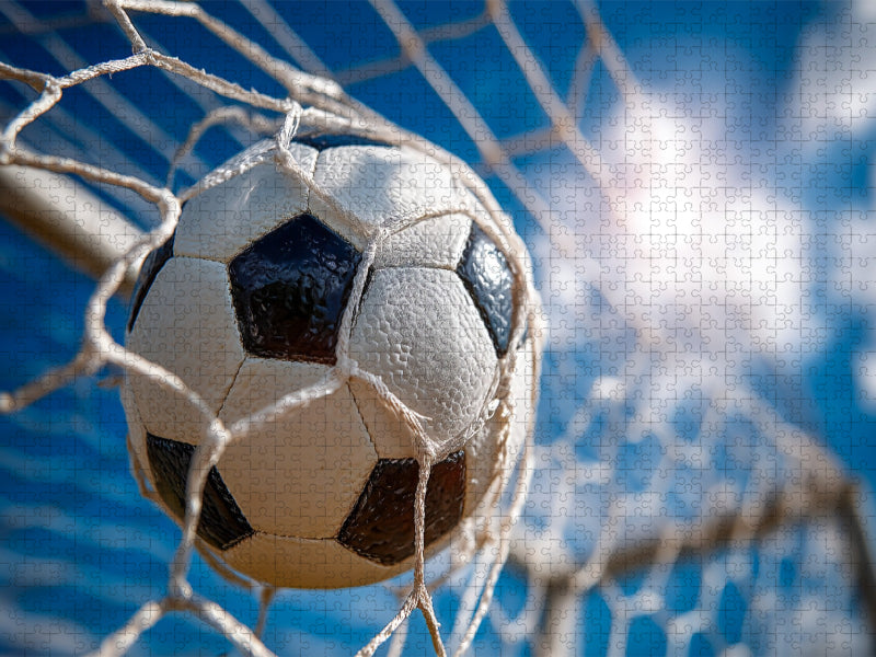 Ein Fußball schlägt kraftvoll im Tornetz ein und fängt den Moment des Erfolgs im perfekten Augenblick ein. - CALVENDO Foto-Puzzle'
