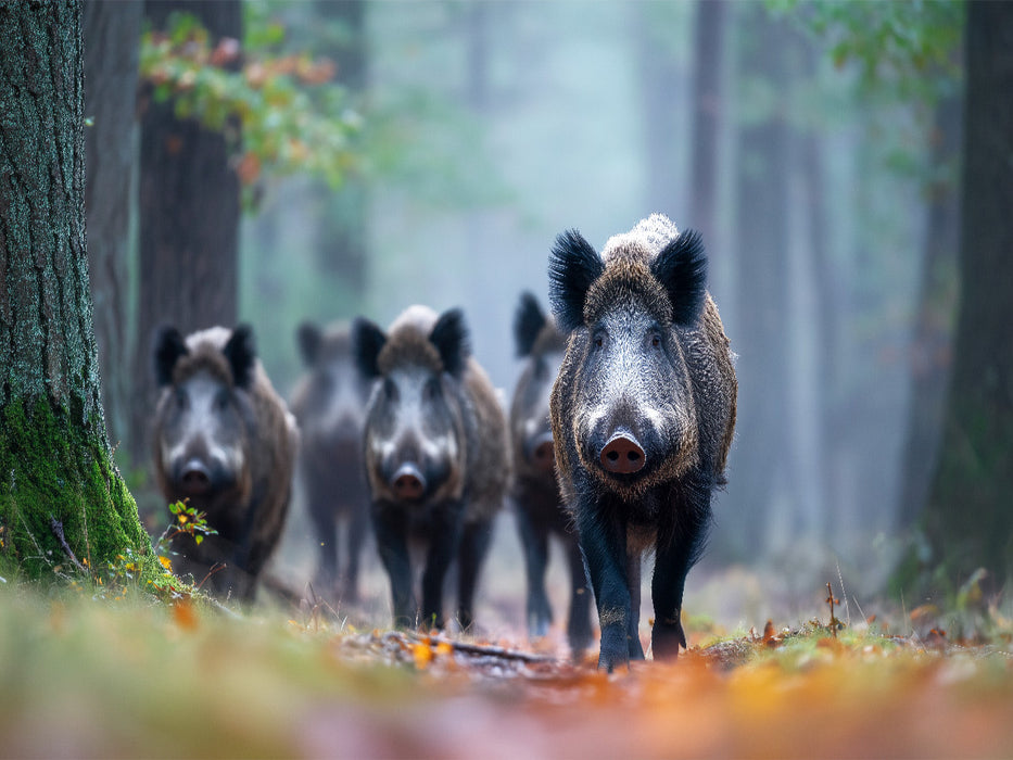 Eine Rotte Wildschweine zieht durch den nebligen Wald und erscheint geheimnisvoll im diffusen Morgenlicht. - CALVENDO Foto-Puzzle'