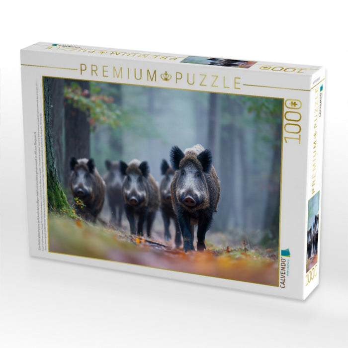 Eine Rotte Wildschweine zieht durch den nebligen Wald und erscheint geheimnisvoll im diffusen Morgenlicht. - CALVENDO Foto-Puzzle'