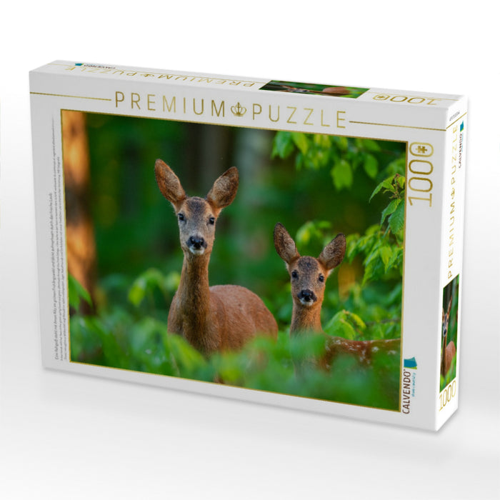 Eine Rehgeiß steht mit ihrem Kitz im grünen Frühlingswald und blickt aufmerksam durch das frische Laub. - CALVENDO Foto-Puzzle'