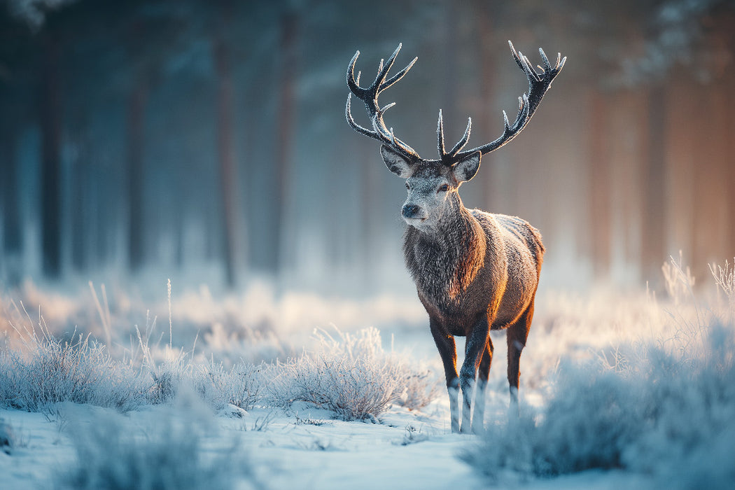 Premium Textil-Leinwand Hirsch im Winterwald - Rotwild im frostigen Morgenlicht