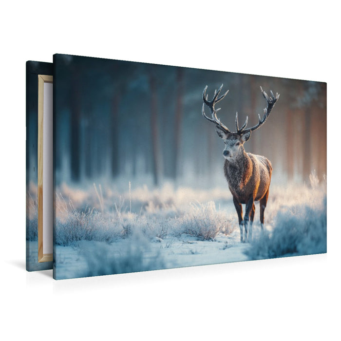 Premium Textil-Leinwand Hirsch im Winterwald - Rotwild im frostigen Morgenlicht