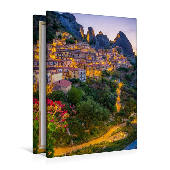 Premium Textil-Leinwand Castelmezzano bei Sonnenaufgang