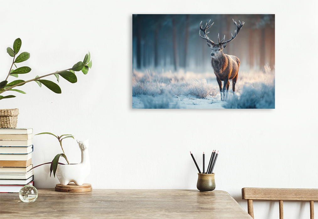 Premium Textil-Leinwand Hirsch im Winterwald - Rotwild im frostigen Morgenlicht