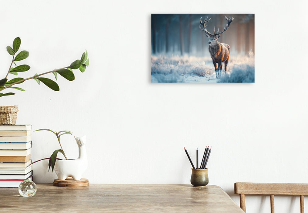 Premium Textil-Leinwand Hirsch im Winterwald - Rotwild im frostigen Morgenlicht
