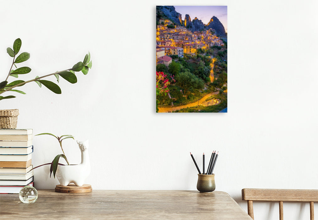 Premium Textil-Leinwand Castelmezzano bei Sonnenaufgang