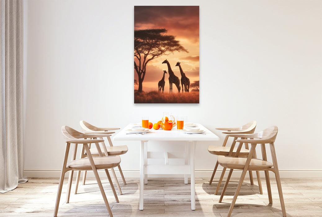 Premium Textil-Leinwand Giraffen unter dem Abendhimmel