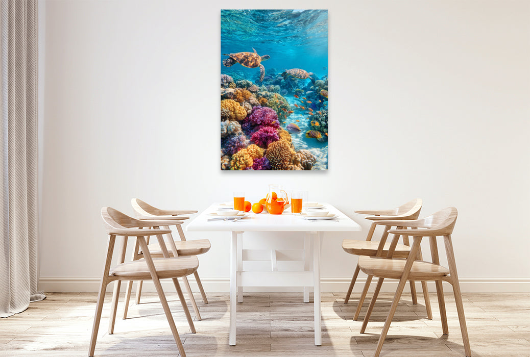 Premium Textil-Leinwand Korallenriff mit Meeresschildkröten