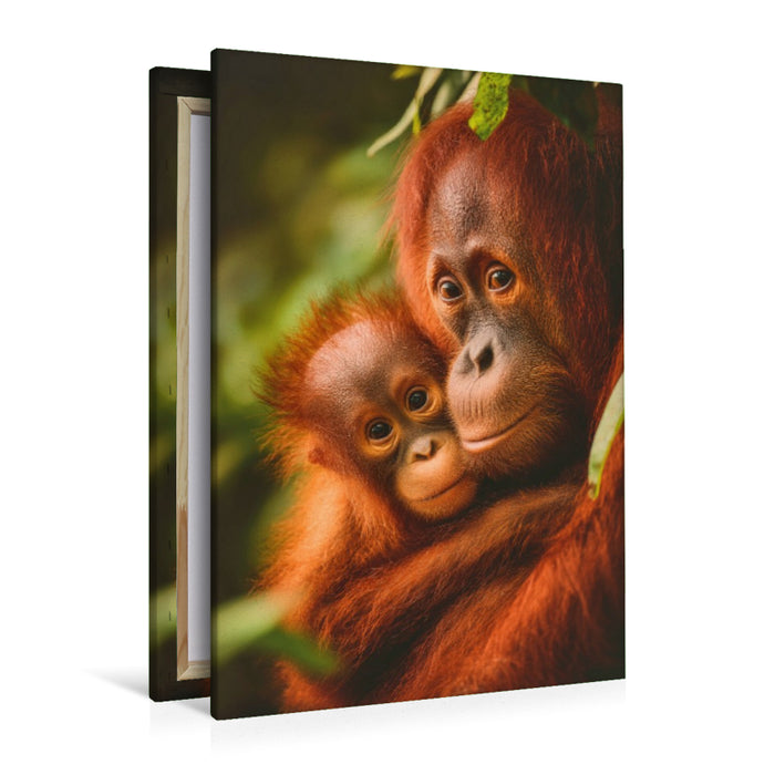 Premium Textil-Leinwand Orang-Utan mit Jungtier