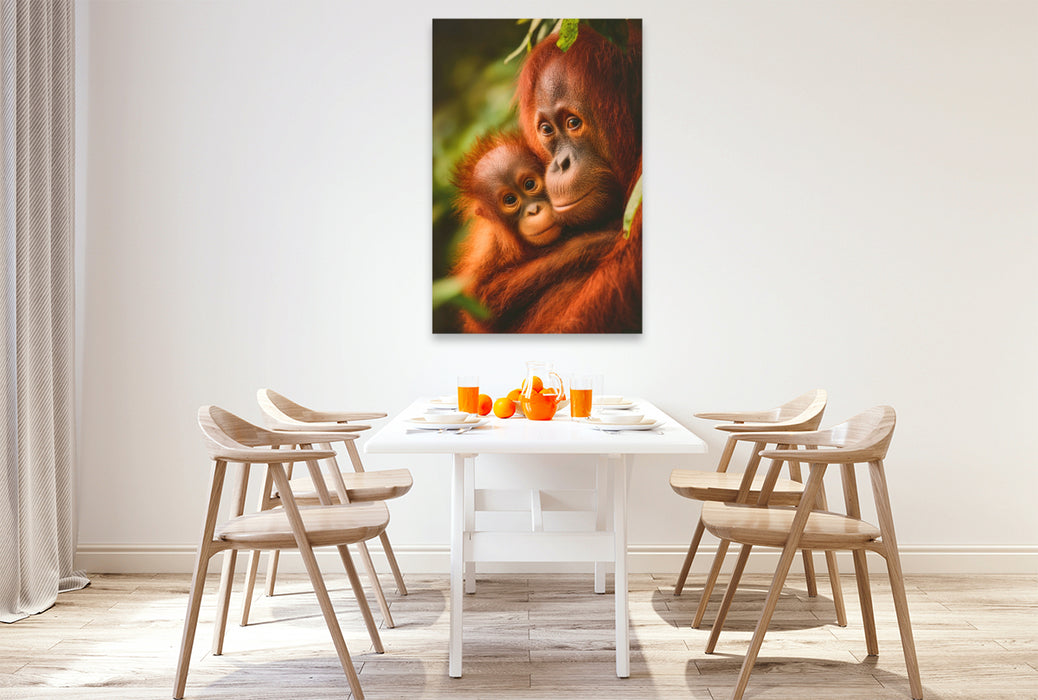 Premium Textil-Leinwand Orang-Utan mit Jungtier