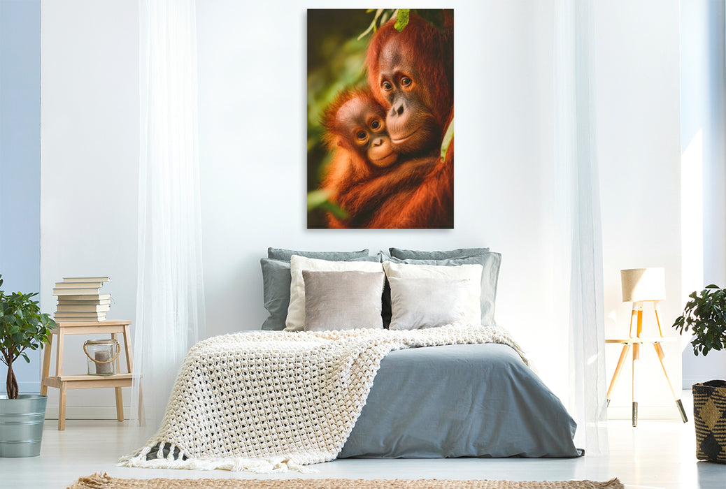 Premium Textil-Leinwand Orang-Utan mit Jungtier