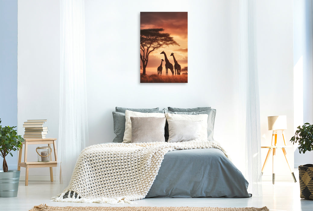 Premium Textil-Leinwand Giraffen unter dem Abendhimmel