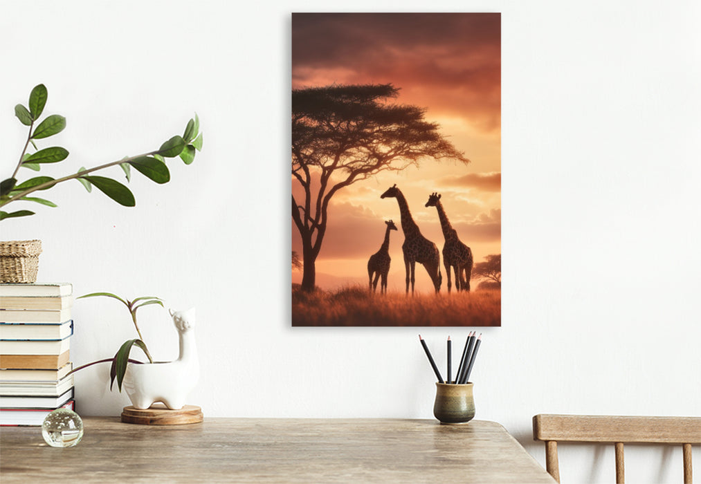 Premium Textil-Leinwand Giraffen unter dem Abendhimmel