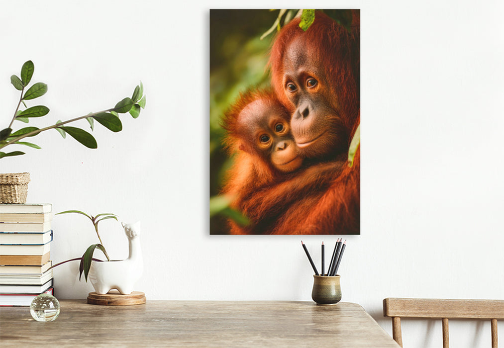 Premium Textil-Leinwand Orang-Utan mit Jungtier