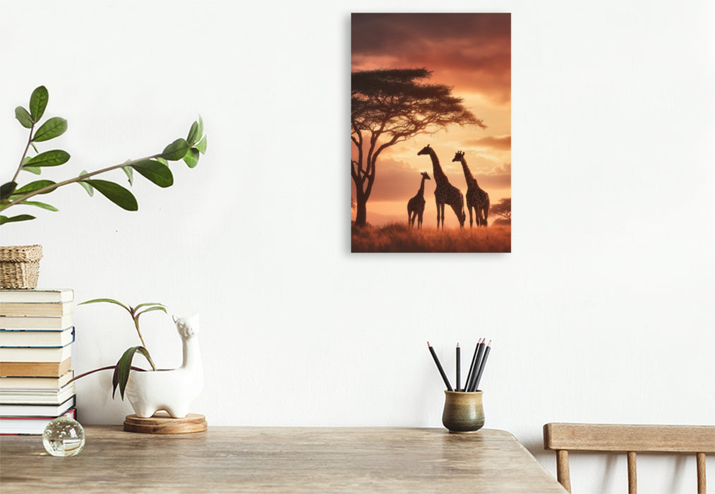 Premium Textil-Leinwand Giraffen unter dem Abendhimmel