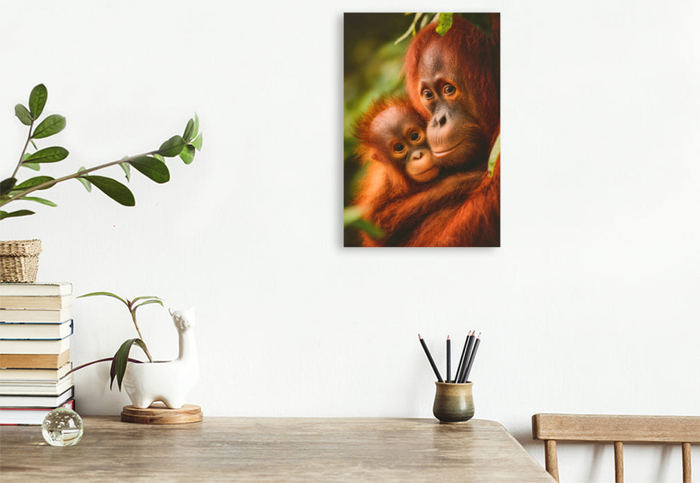 Premium Textil-Leinwand Orang-Utan mit Jungtier