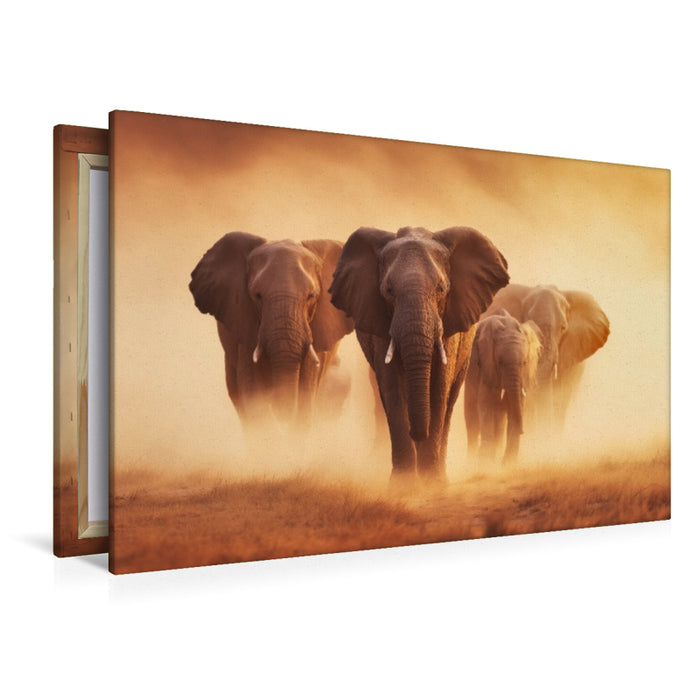 Premium Textil-Leinwand Elefanten, gemeinsam durch das endlose Gold der Sonne
