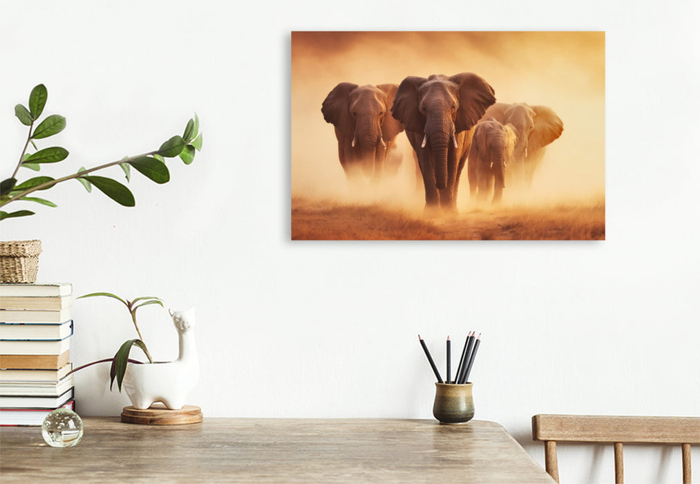 Premium Textil-Leinwand Elefanten, gemeinsam durch das endlose Gold der Sonne