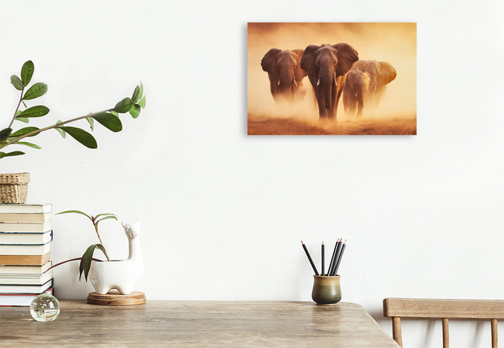 Premium Textil-Leinwand Elefanten, gemeinsam durch das endlose Gold der Sonne
