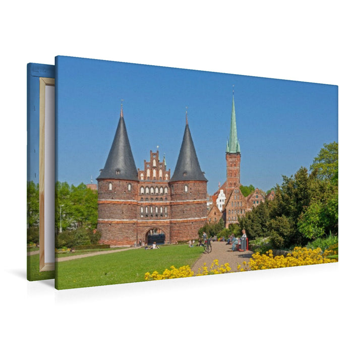 Premium Textil-Leinwand Holstentor, Petrikirche, Salzspeicher, Lübeck