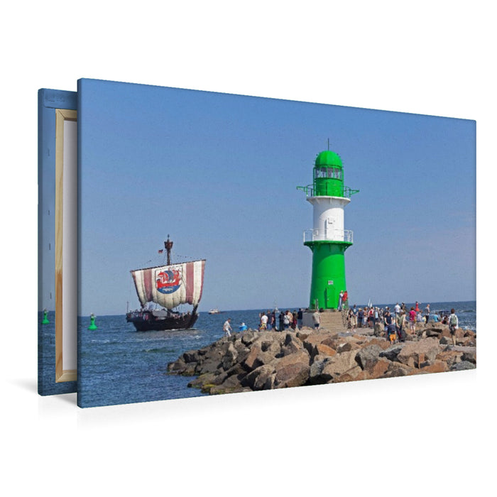 Premium Textil-Leinwand Hansekogge, Ostsee, Molenfeuer, Warnemünde, Rostock