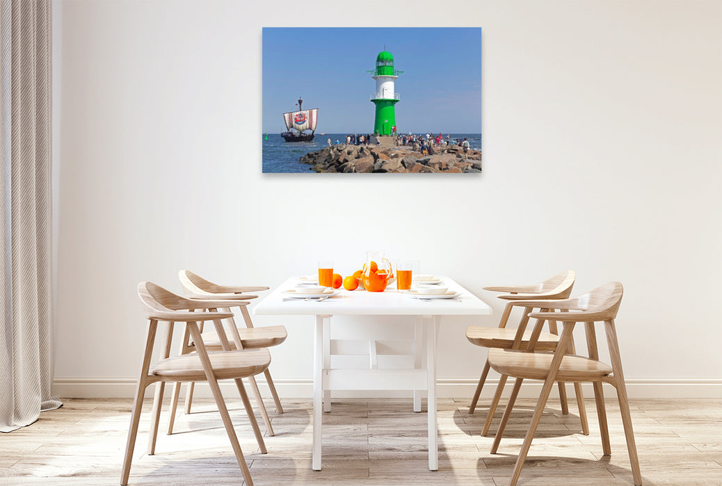 Premium Textil-Leinwand Hansekogge, Ostsee, Molenfeuer, Warnemünde, Rostock