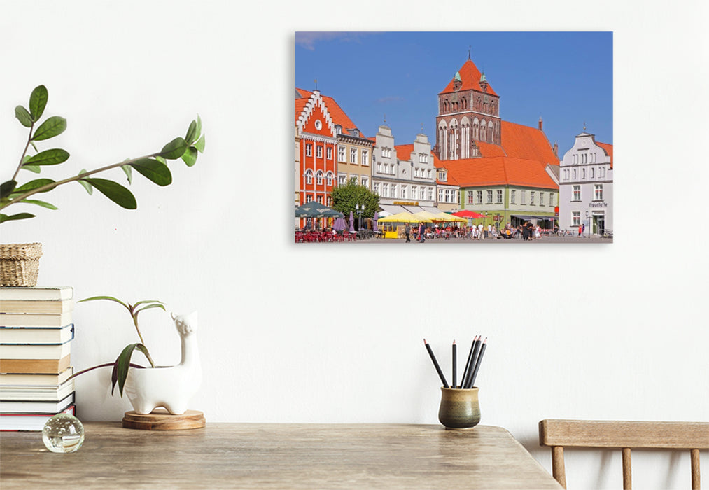 Premium Textil-Leinwand Marktplatz, St. Marien Kirche, Greifswald